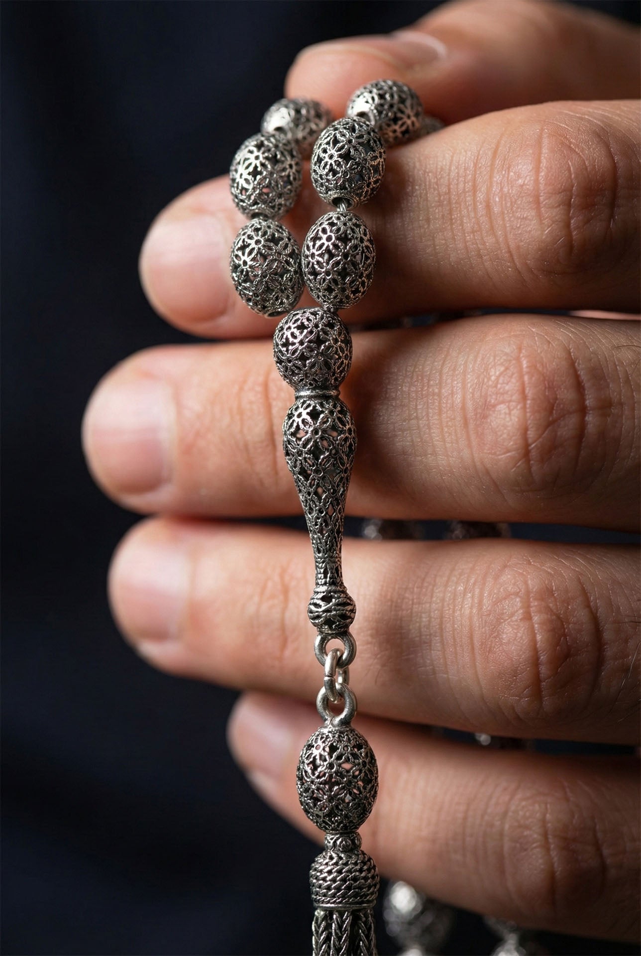 Capsule Cut Tassel Ottoman Embroidered-Style Traditional Prayer Beads Silver