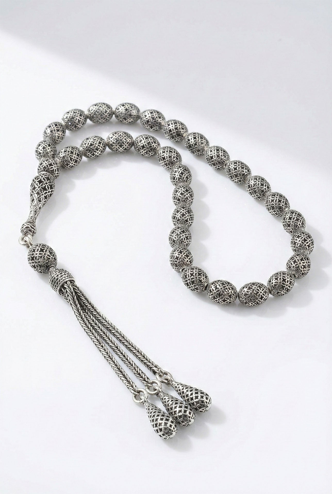 Capsule Cut Tassel Ottoman Embroidered-Style Traditional Prayer Beads Silver