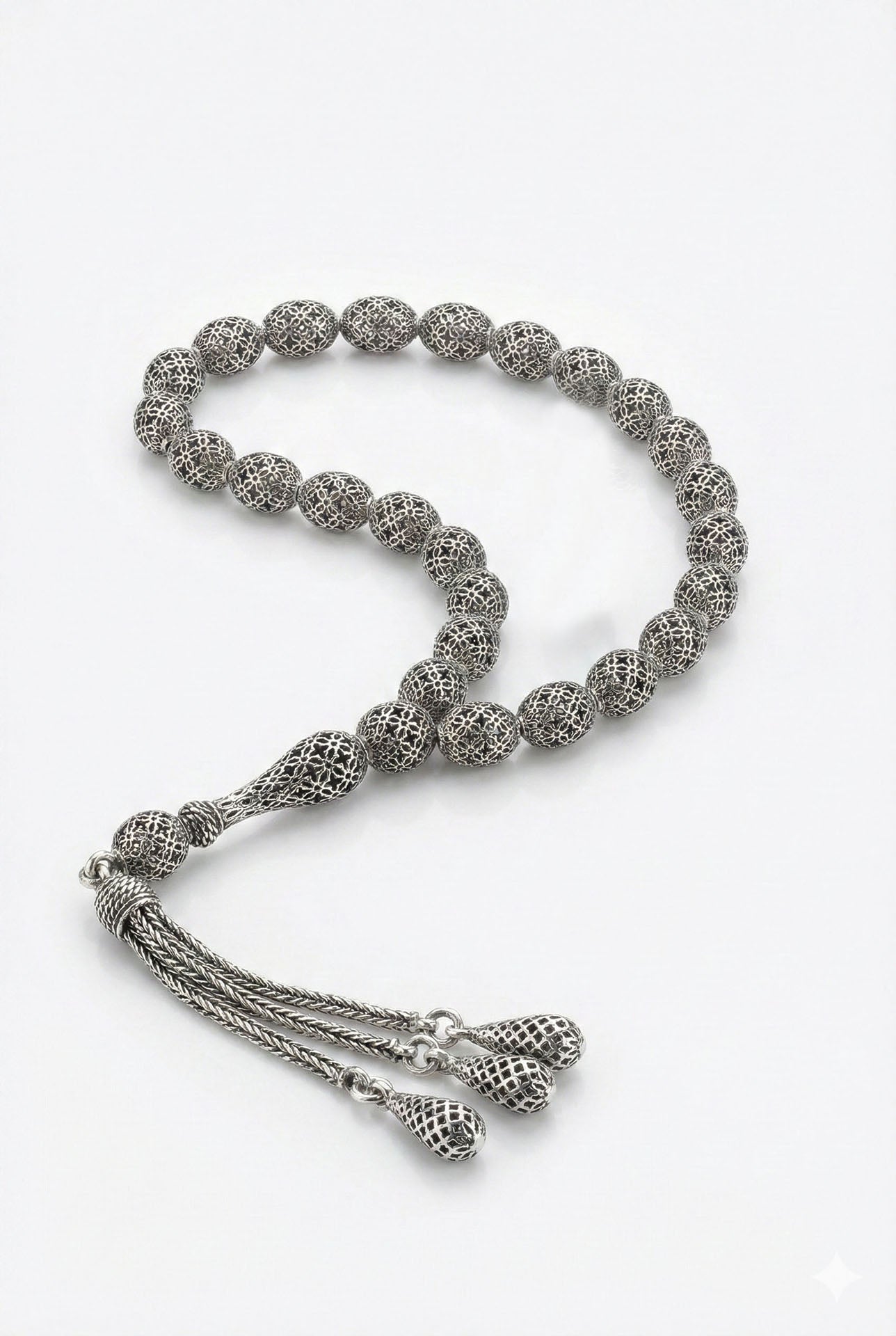 Capsule Cut Tassel Ottoman Embroidered-Style Traditional Prayer Beads Silver