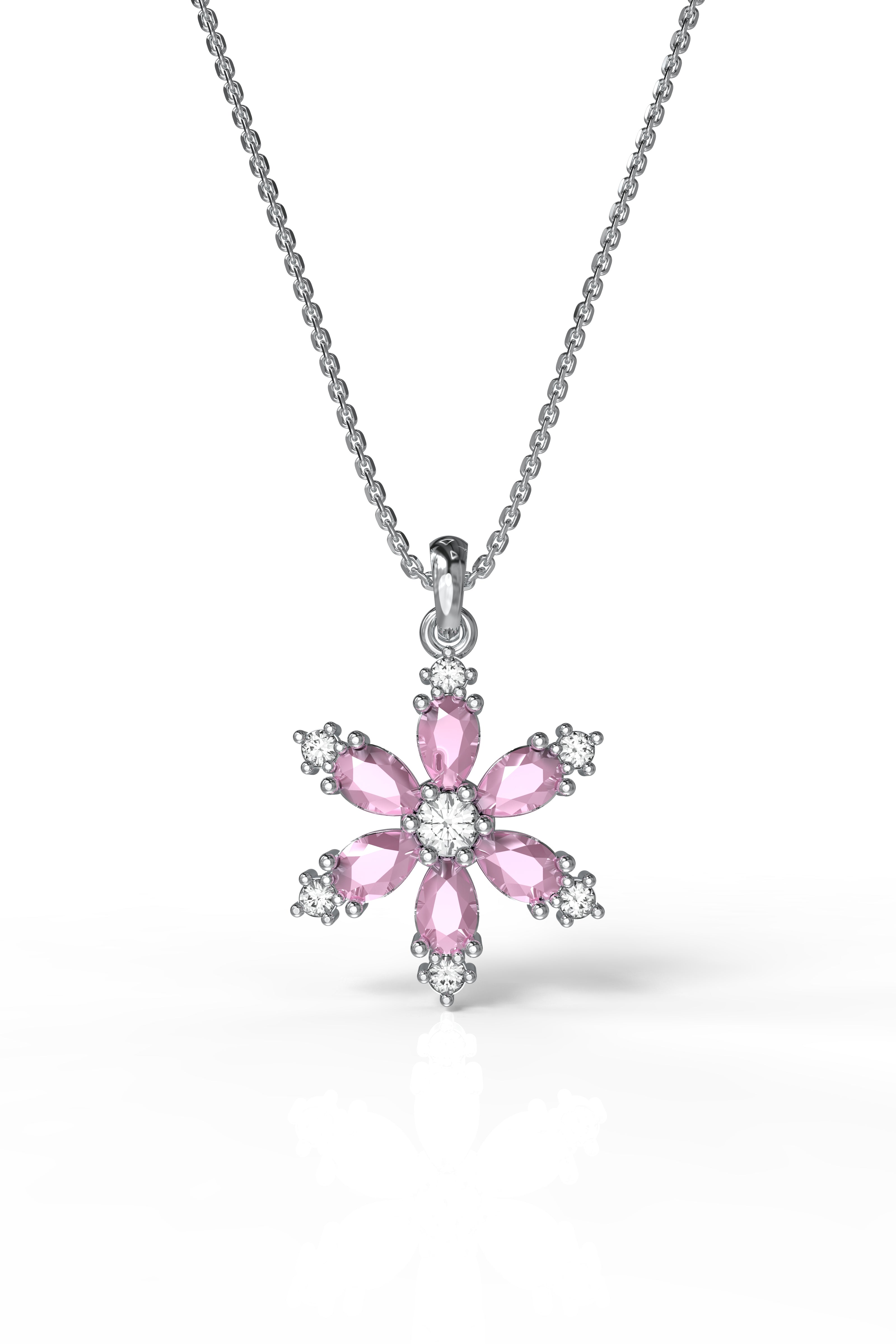 Pink Quartz Lotus Flower Necklace Rhodium Plated Silver