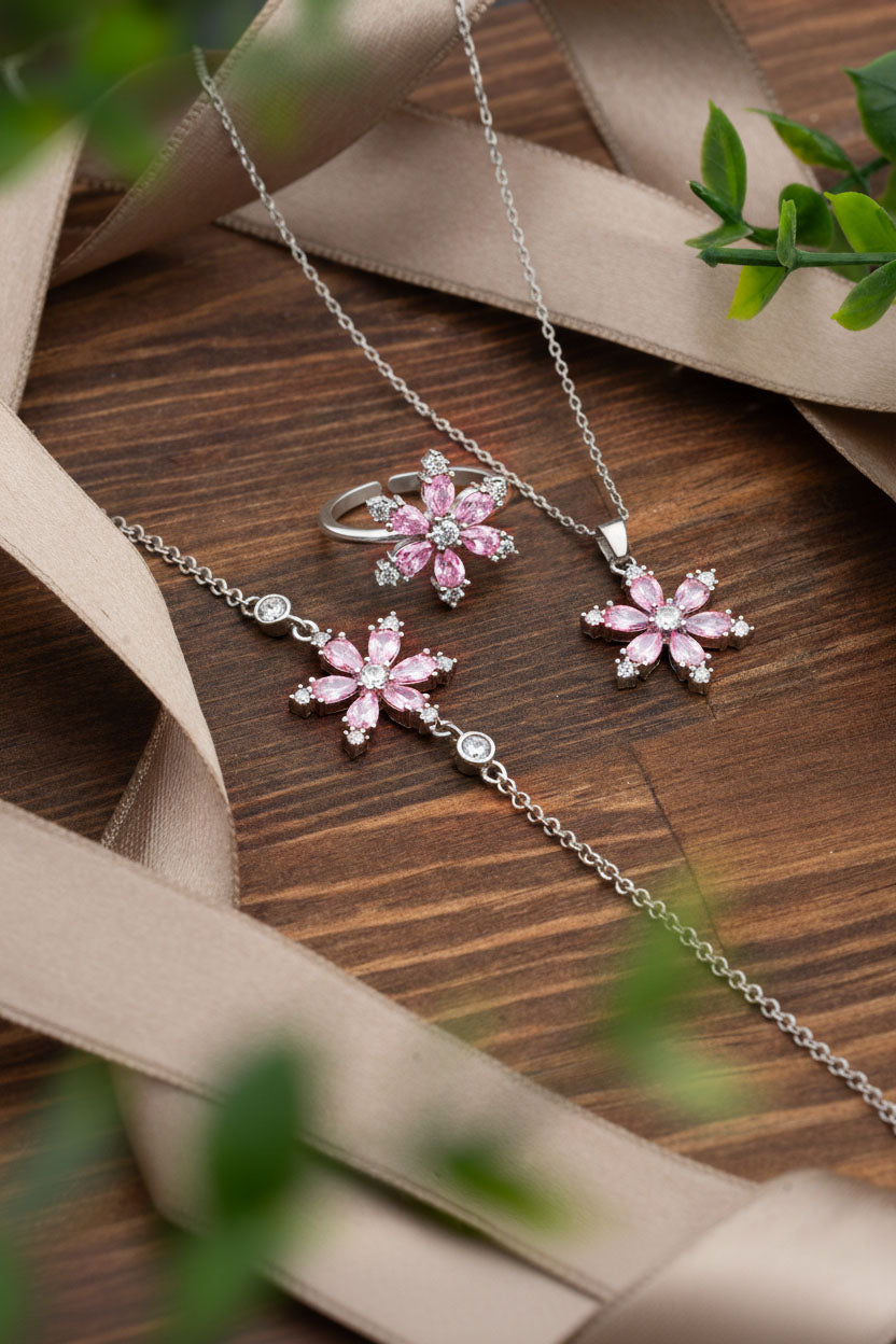 925 Ayar Pembe Taşlı Rodyum Lotus Çiçeği 3'lü Gümüş Set