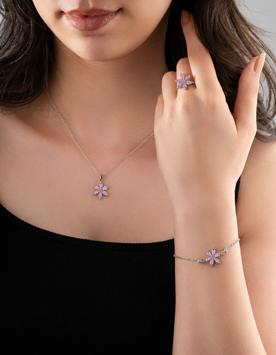 Pink Lotus Flower Set Rhodium Plated Silver