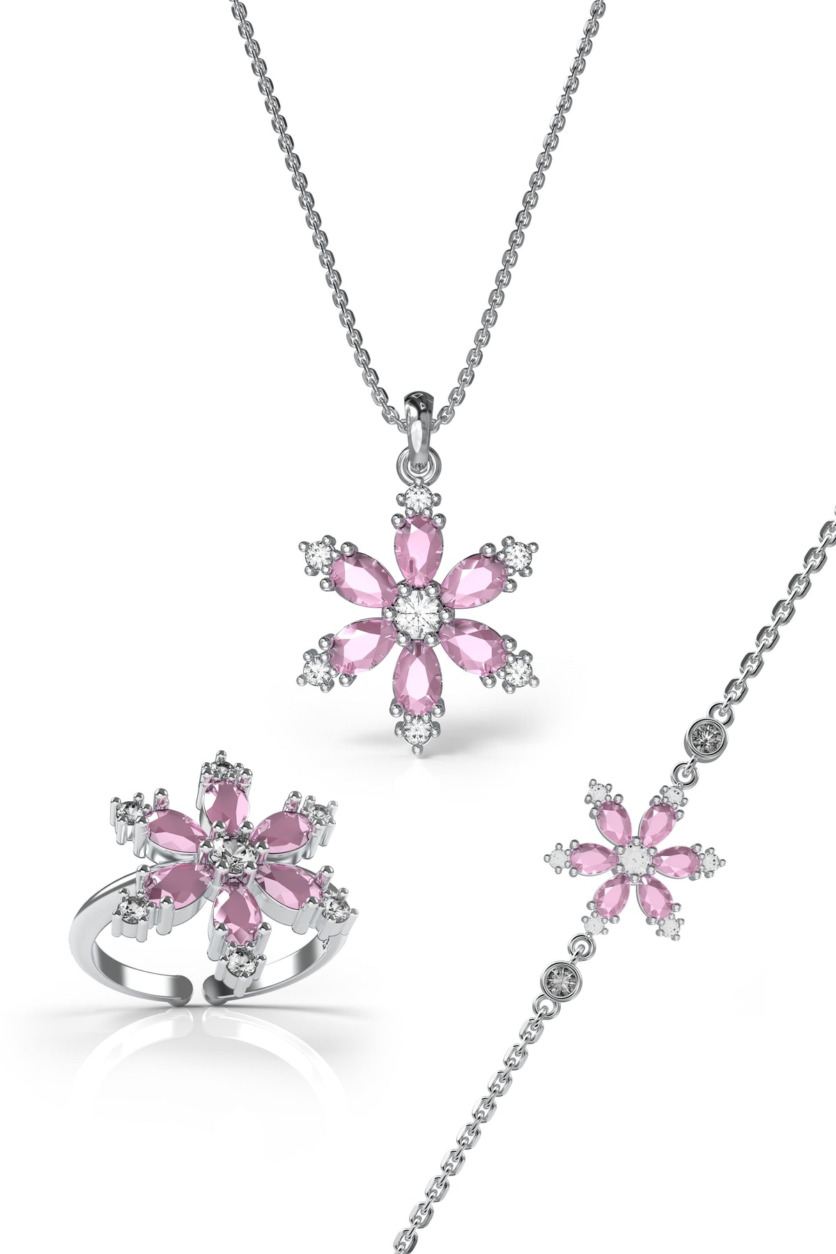 Rhodium Pink Lotus Flower 3-Piece Jewelry Set | 925 Silver
