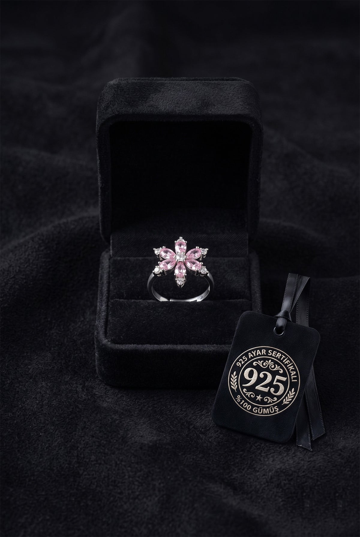 Pink Lotus Flower - Zircon Adjustable Ring in 925 sterling silver