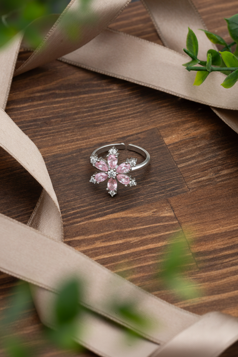 Pink Lotus Flower - Zircon Adjustable Ring in 925 sterling silver - view 2