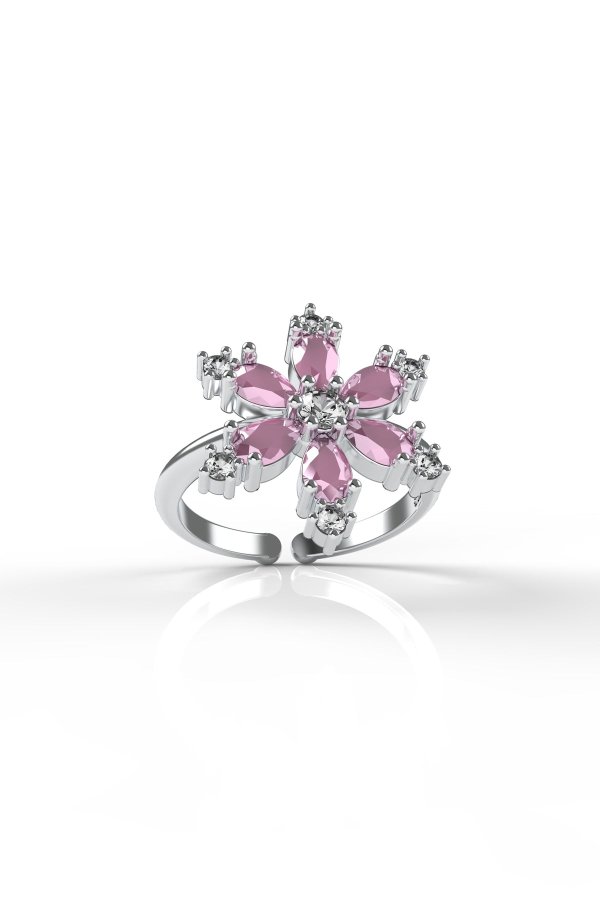 Pink Lotus Flower - Zircon Adjustable Ring in 925 sterling silver - view 4