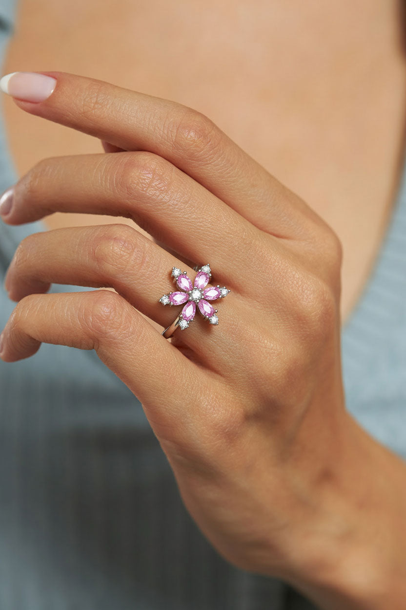 Pink Lotus Flower Ring Rhodium Plated Silver