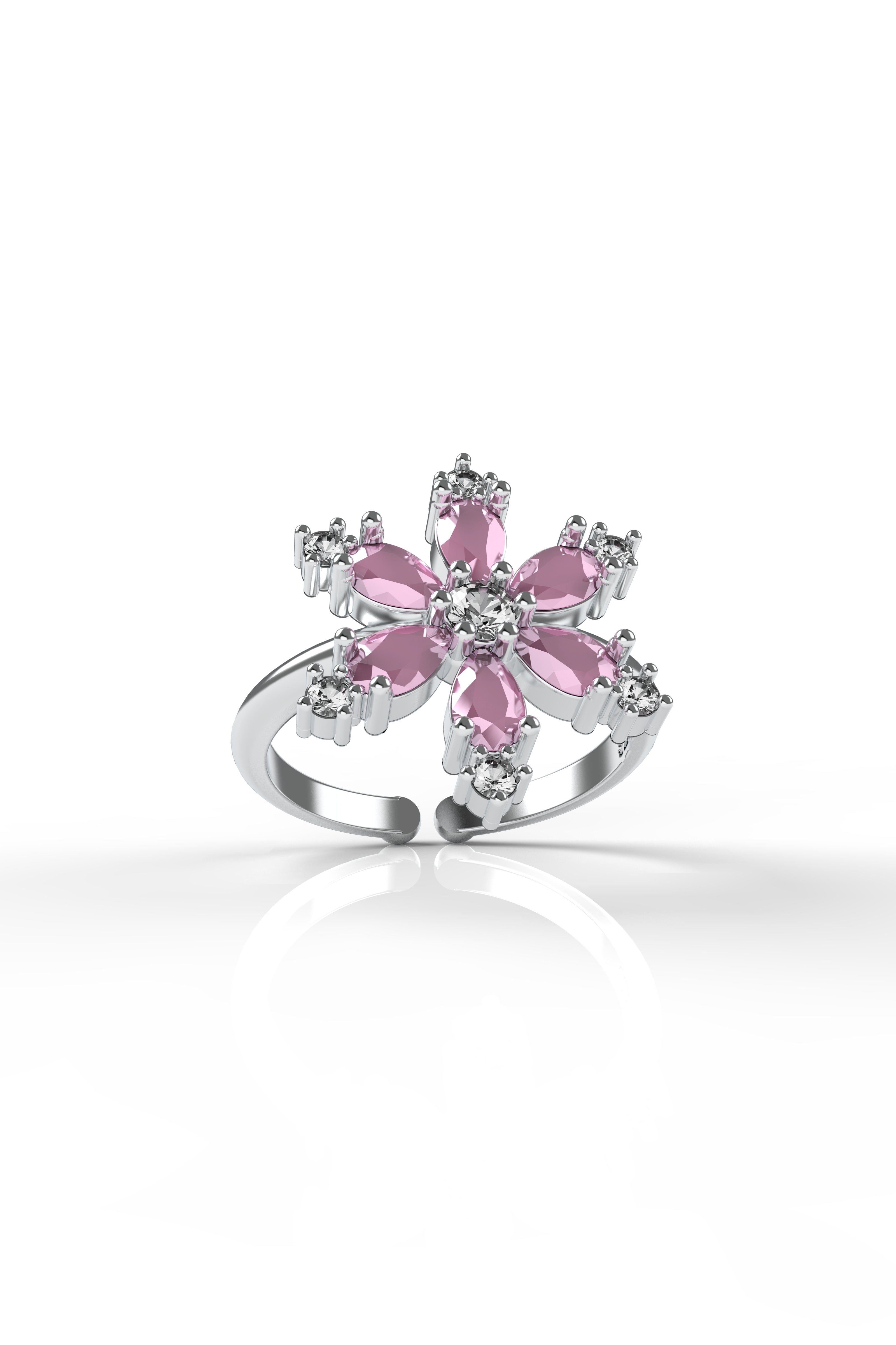 Pink Lotus Flower Ring Rhodium Plated Silver