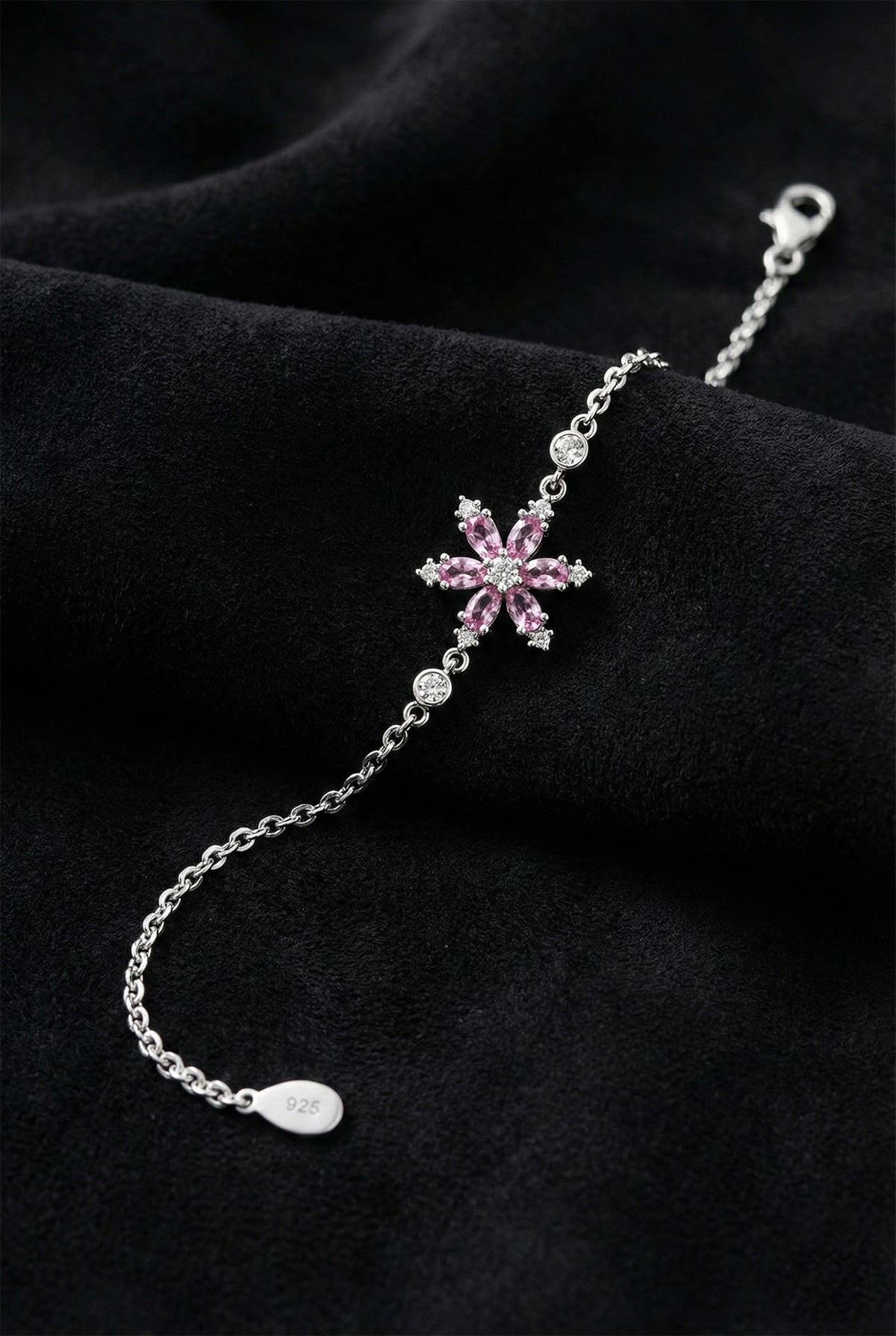Pink Lotus Flower Gemstone Bracelet in 925 sterling silver