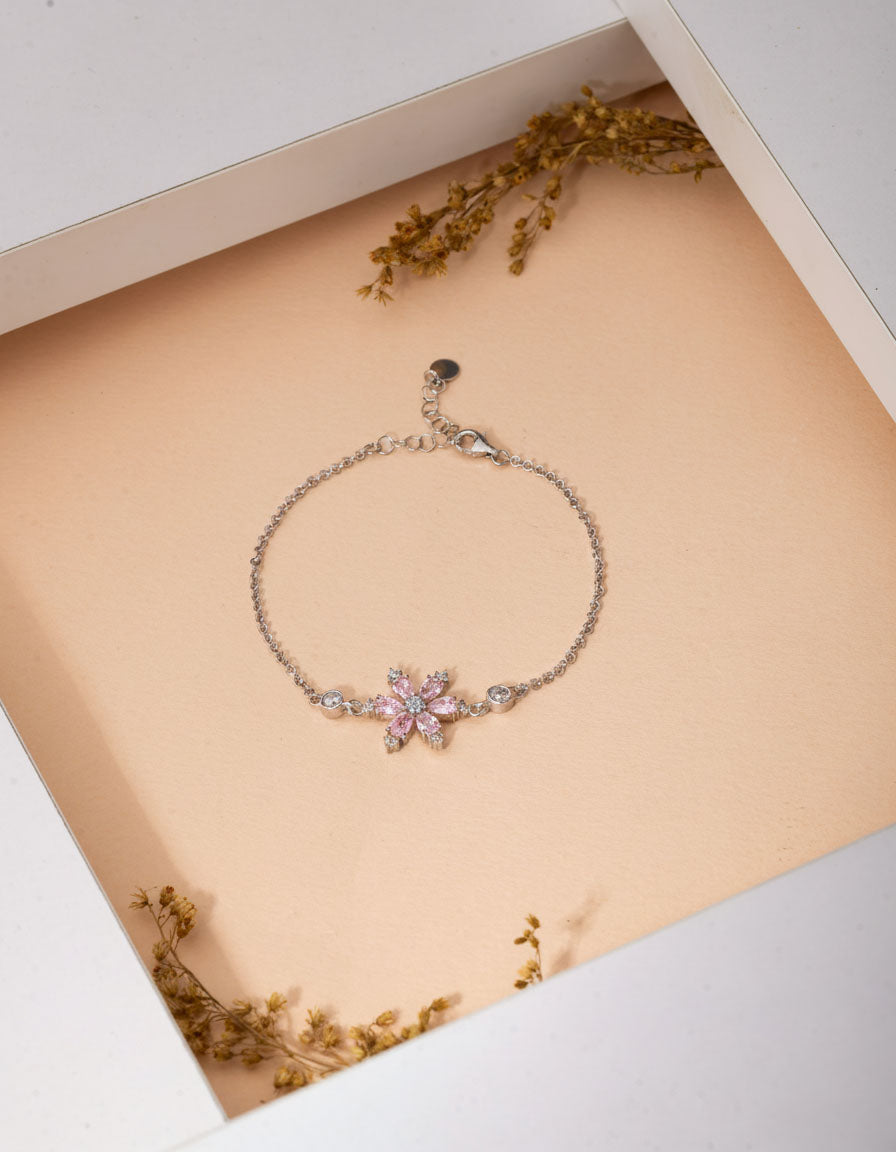 925 Sterling Silver Rhodium Plated Pink Stone Lotus Flower Bracelet