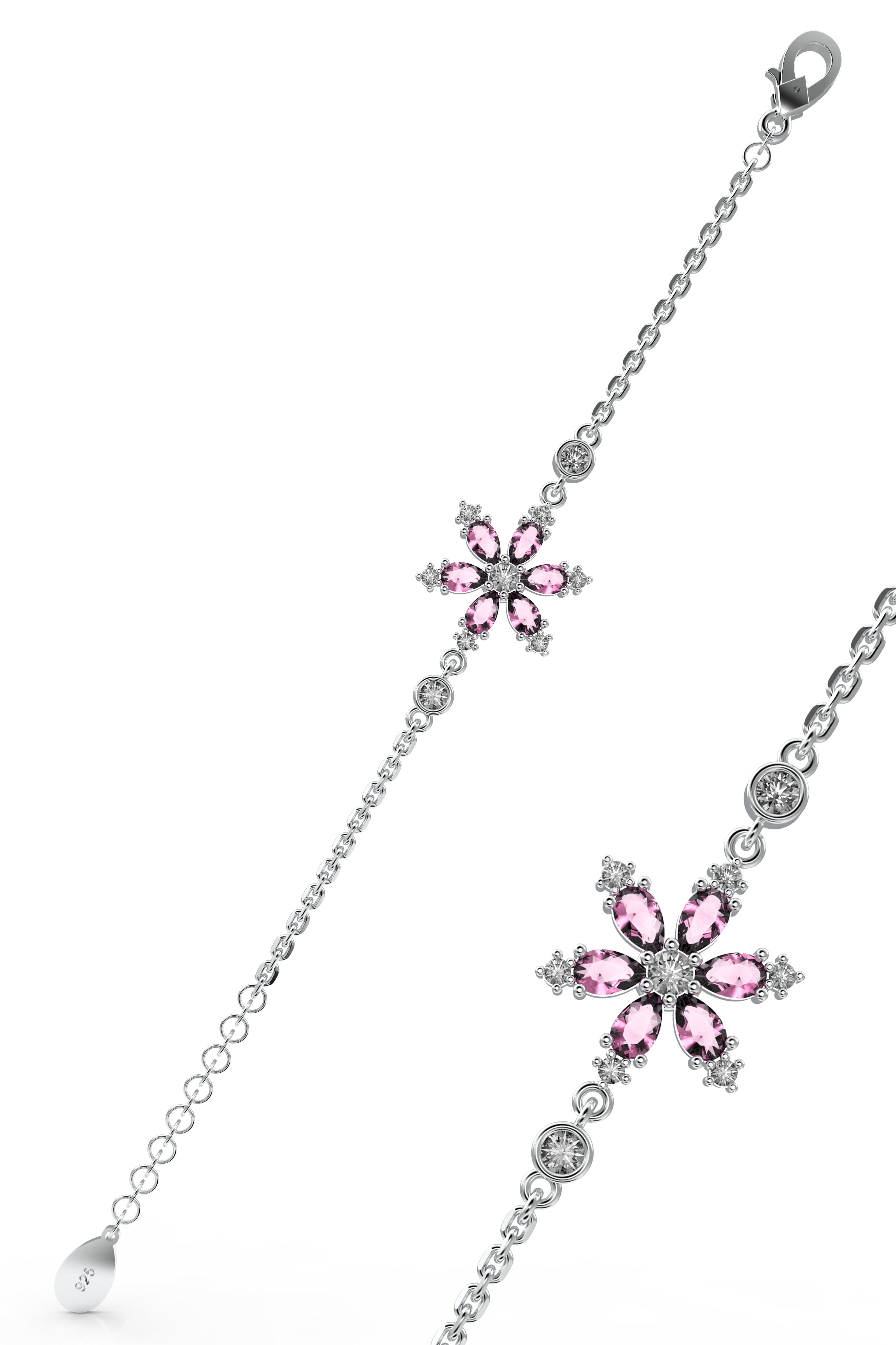 Pink Lotus Flower Bracelet Rhodium Plated Silver