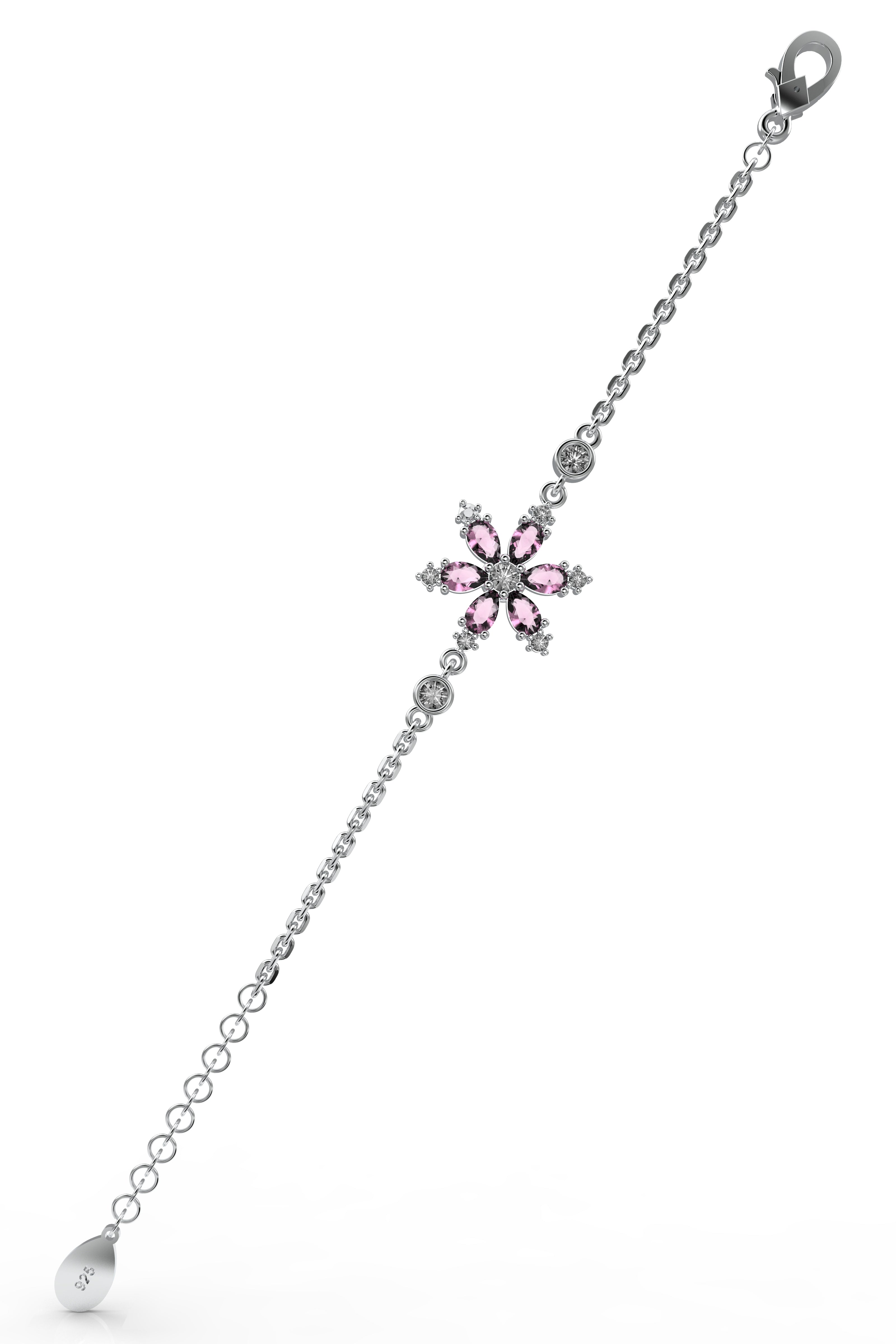Pink Lotus Flower Bracelet Rhodium Plated Silver