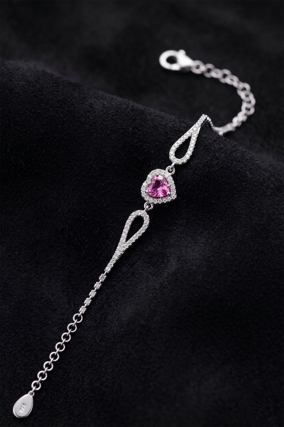Pink Heart Gemstone Halo Bracelet in 925 sterling silver