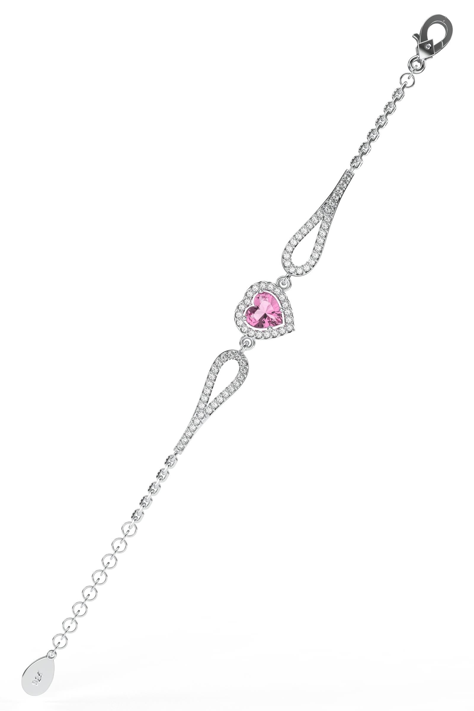 925 Sterling Silver Rhodium Plated Pink Stone Diamond Look Heart Bracelet