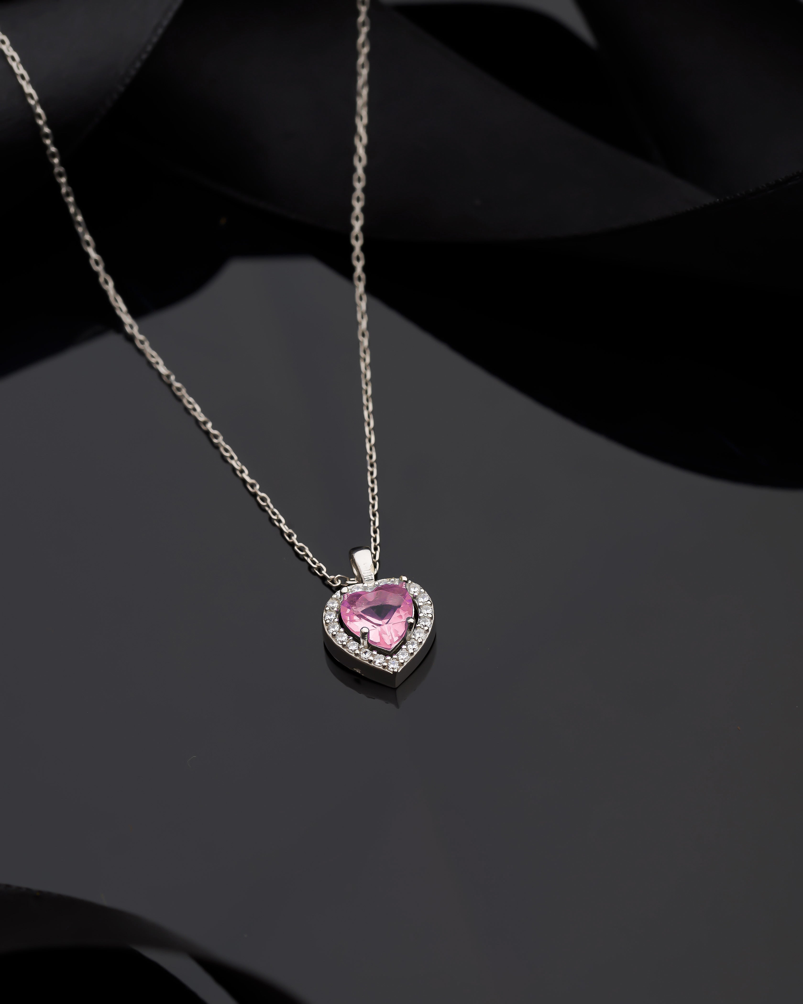 925 Sterling Silver Pink Stone Rhodium Diamond Look Heart Necklace
