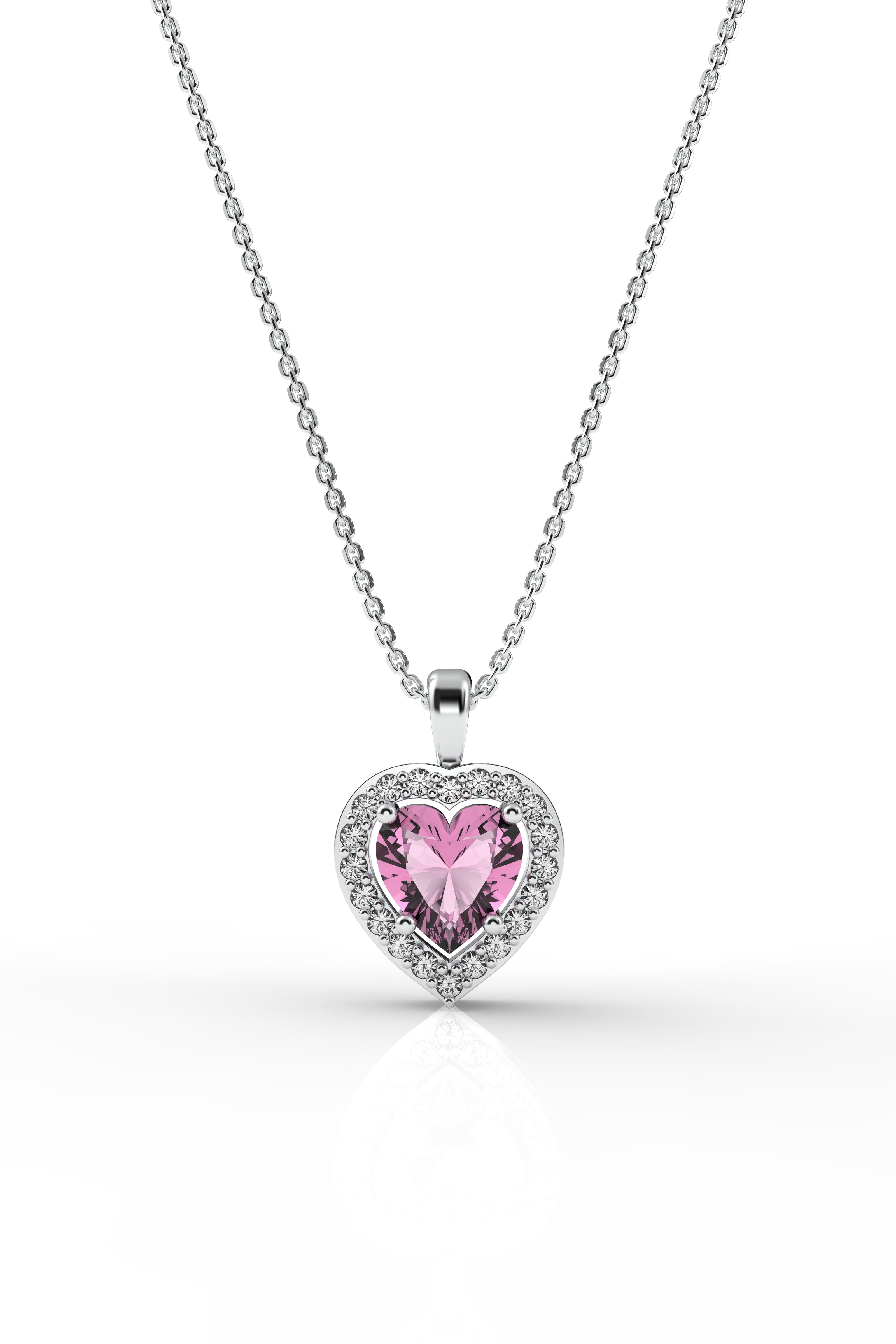 Pink Sparkle Look Heart Necklace Rhodium Plated Silver