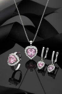 925 Ayar Pembe Taşlı Rodyum Pırlanta Işıltılı Kalp 3'lü Gümüş Set-Takım *Ayarlanabilir