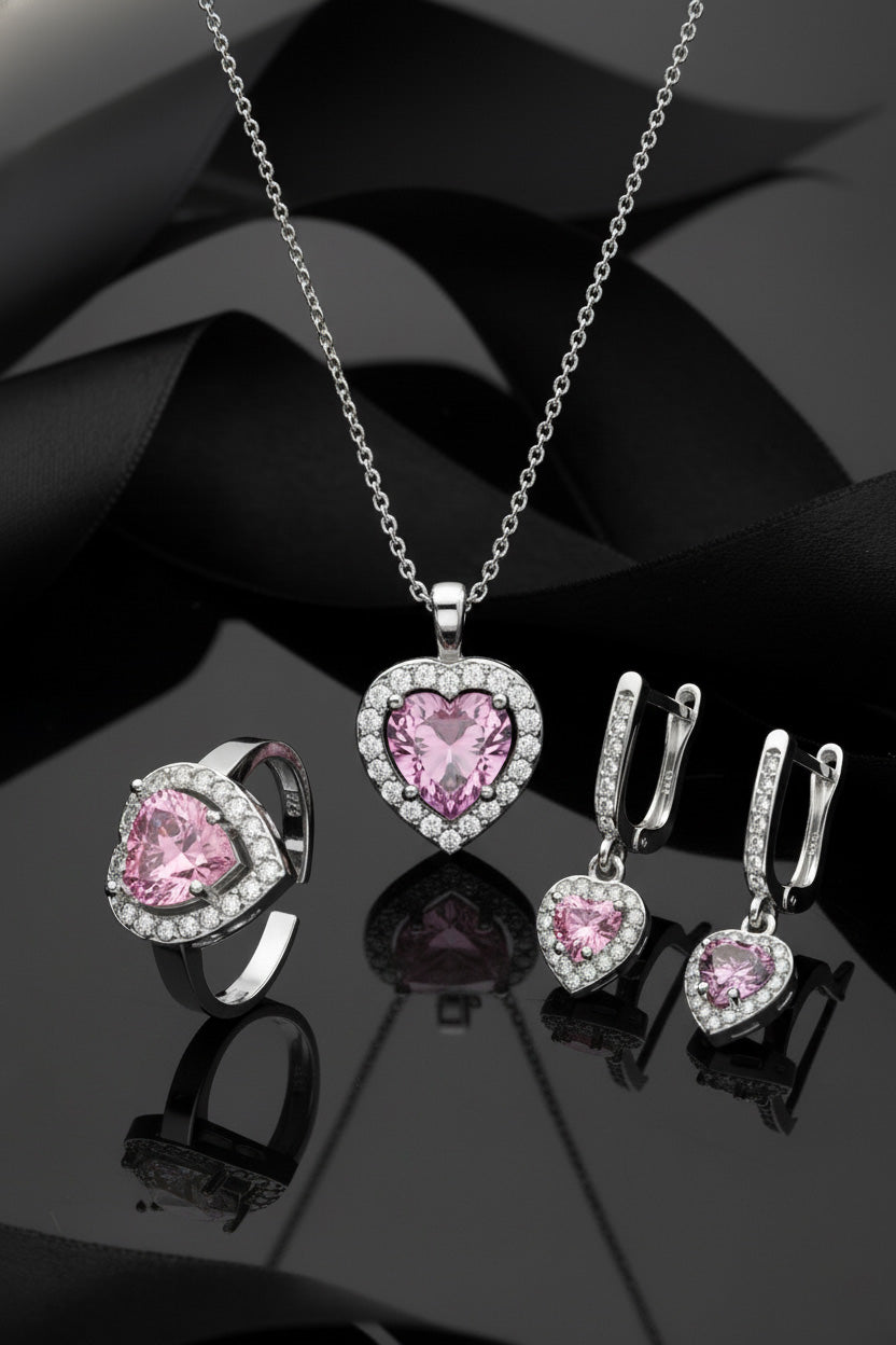 925 Ayar Pembe Taşlı Rodyum Pırlanta Işıltılı Kalp 3'lü Gümüş Set-Takım *Ayarlanabilir