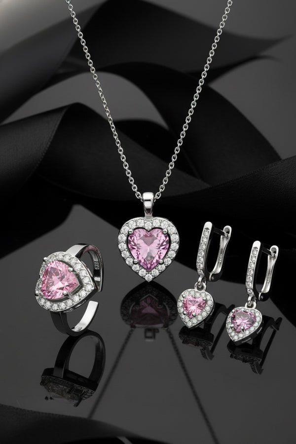 925 Ayar Pembe Taşlı Rodyum Pırlanta Işıltılı Kalp 3'lü Gümüş Set-Takım *Ayarlanabilir