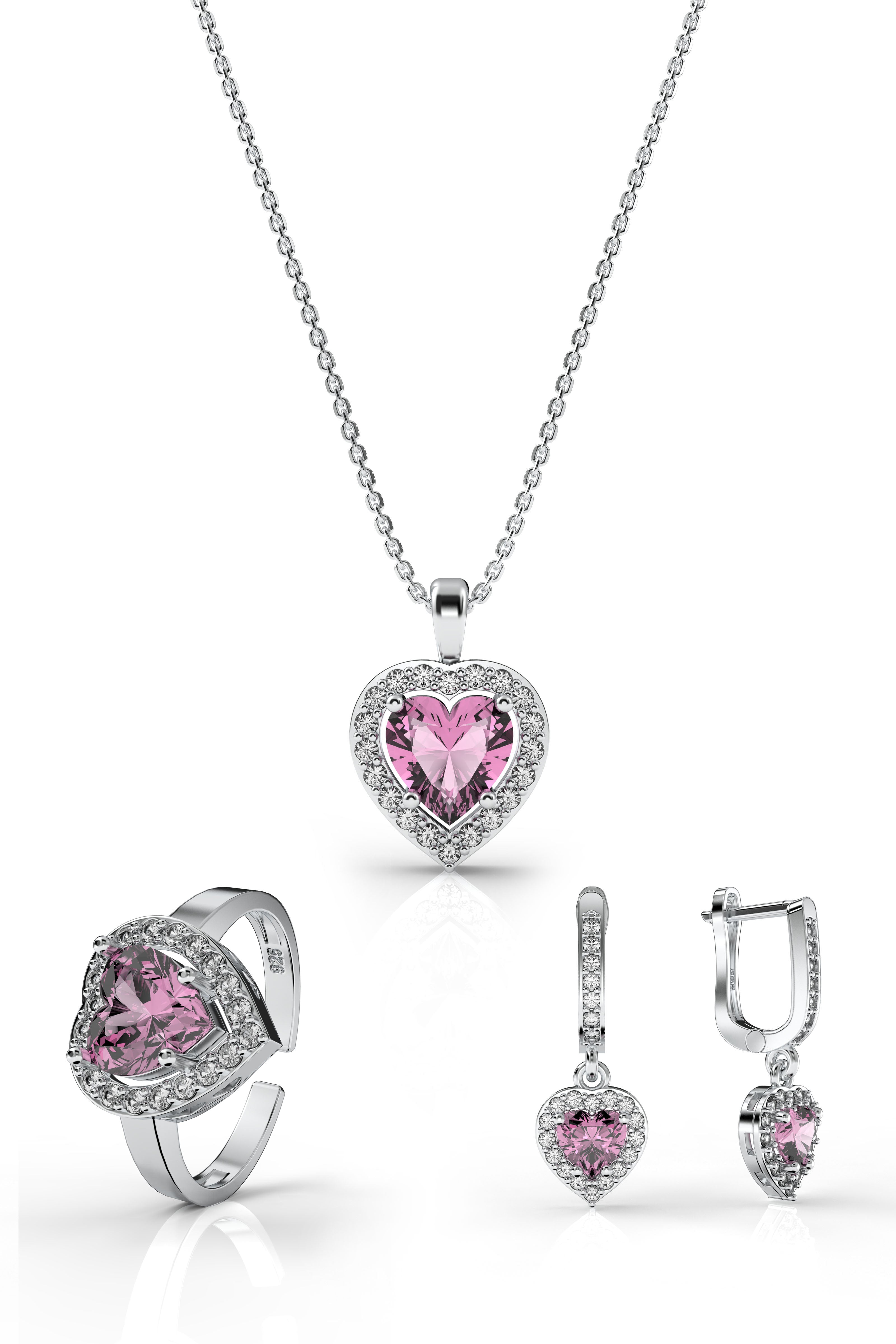 Pink Sparkle Heart Set Rhodium Plated Silver