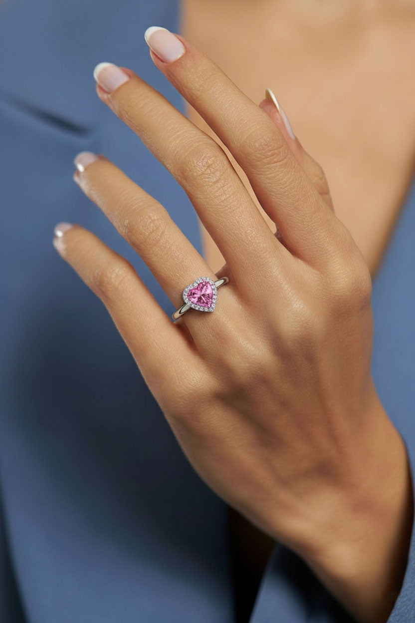 Pink Sparkle Heart Ring Rhodium Plated Silver