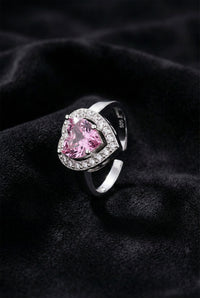 925 Sterling Silver Pink Stone Rhodium Plated Diamond Shimmer Heart Adjustable Silver Ring