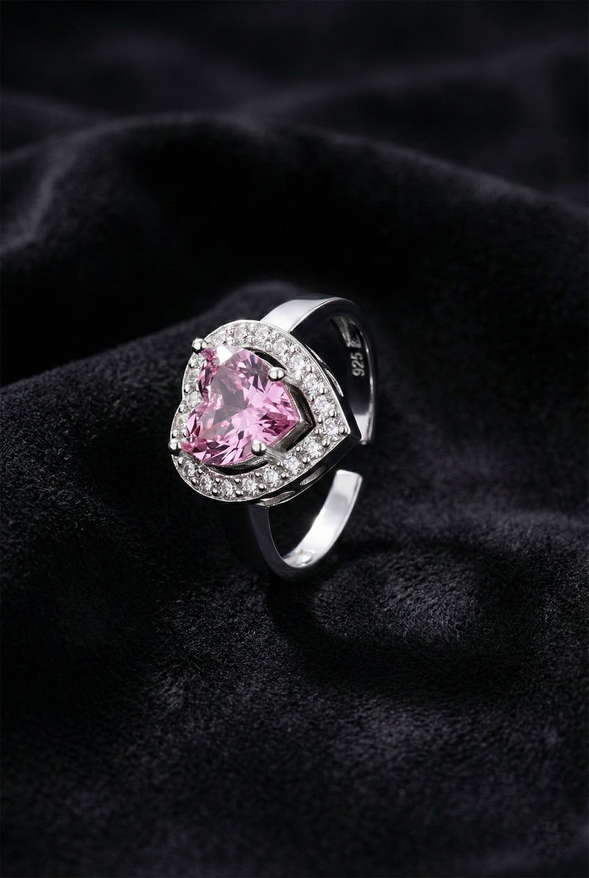 Heart Pink Zircon - Halo Adjustable Ring in 925 sterling silver