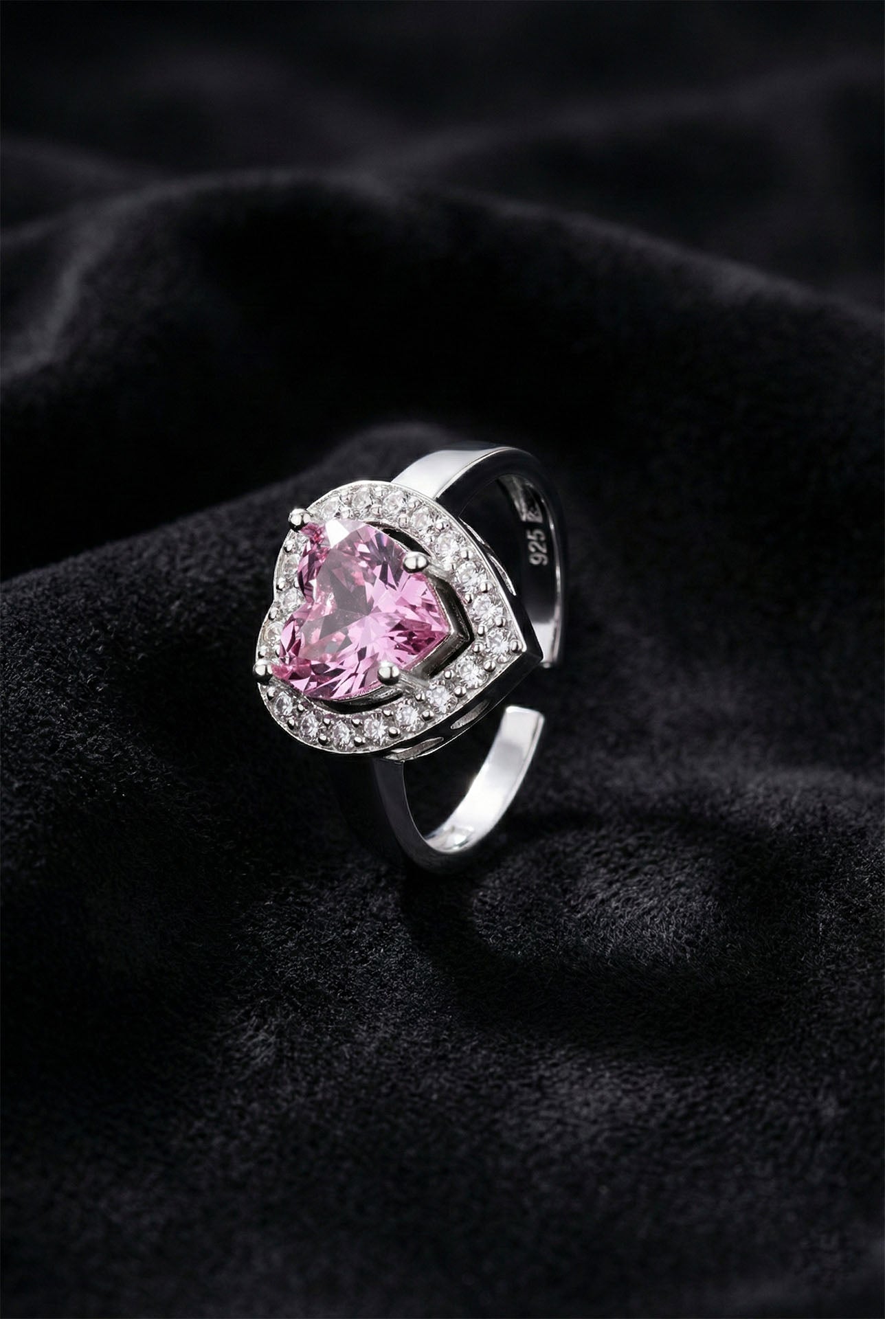 925 Sterling Silver Pink Stone Rhodium Plated Diamond Shimmer Heart Adjustable Silver Ring