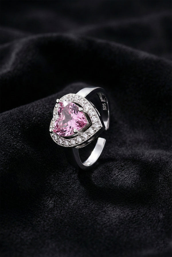925 Sterling Silver Pink Stone Rhodium Plated Diamond Shimmer Heart Adjustable Silver Ring