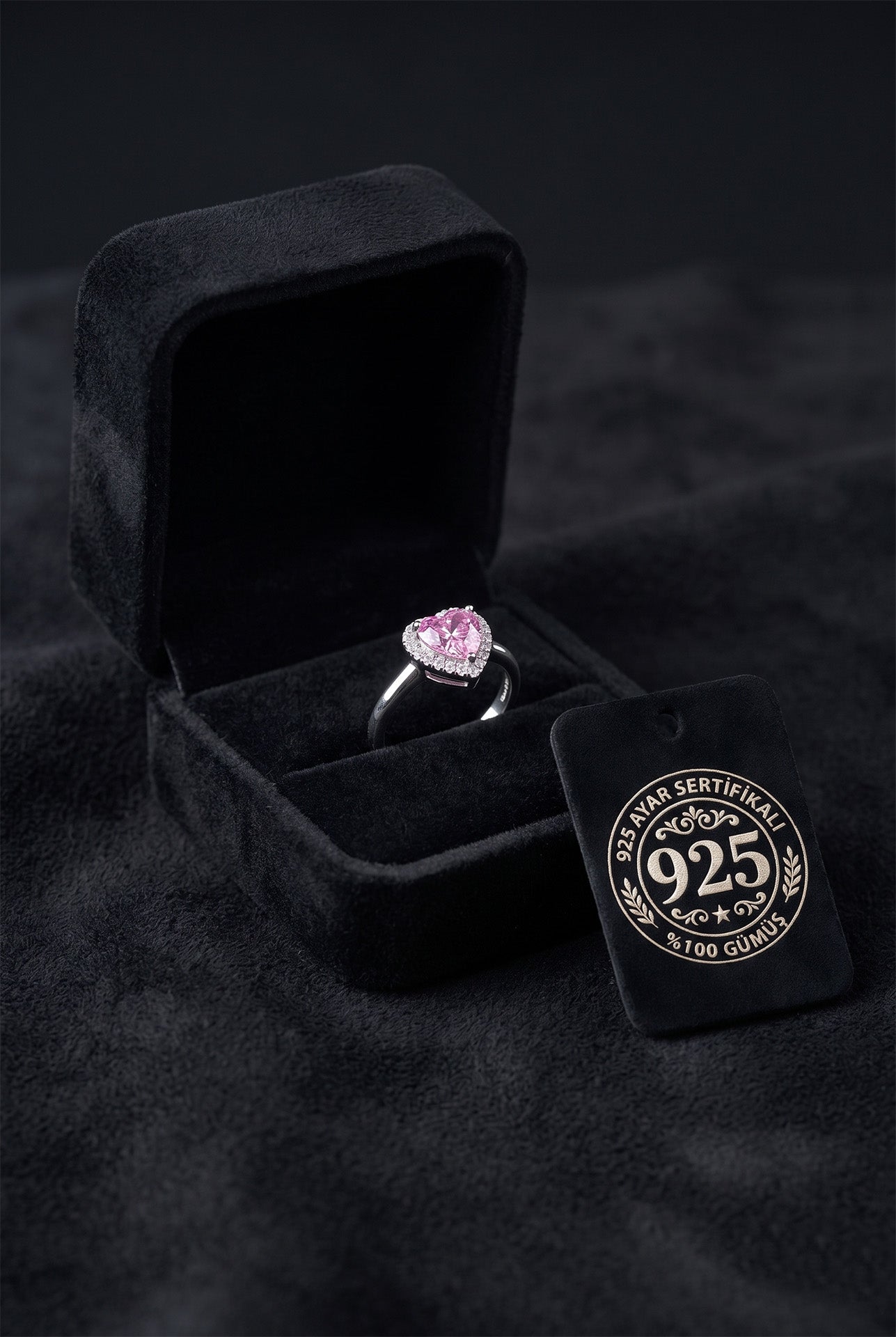 925 Sterling Silver Pink Stone Rhodium Plated Diamond Shimmer Heart Adjustable Silver Ring