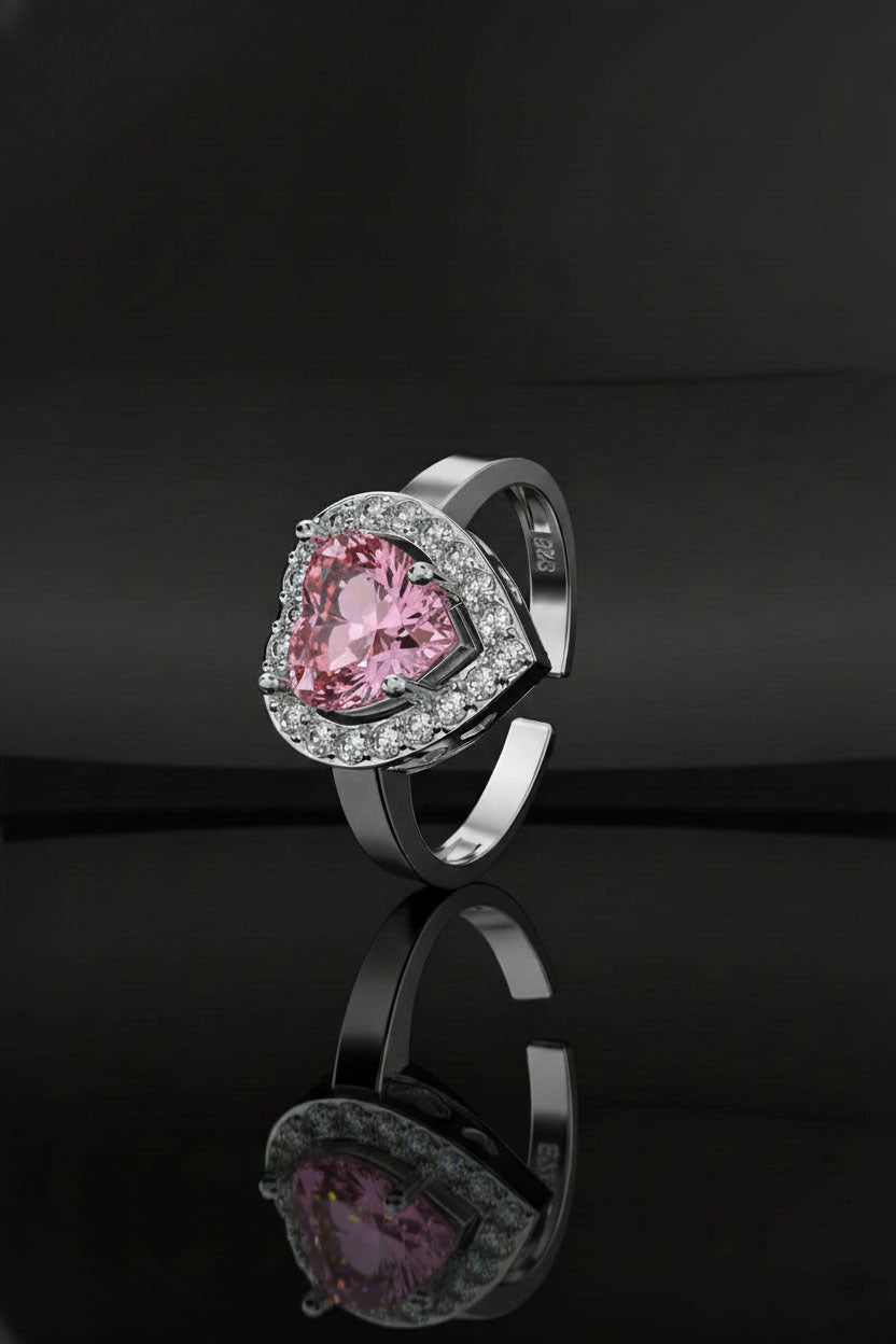 925 Sterling Silver Pink Stone Rhodium Plated Diamond Shimmer Heart Adjustable Silver Ring