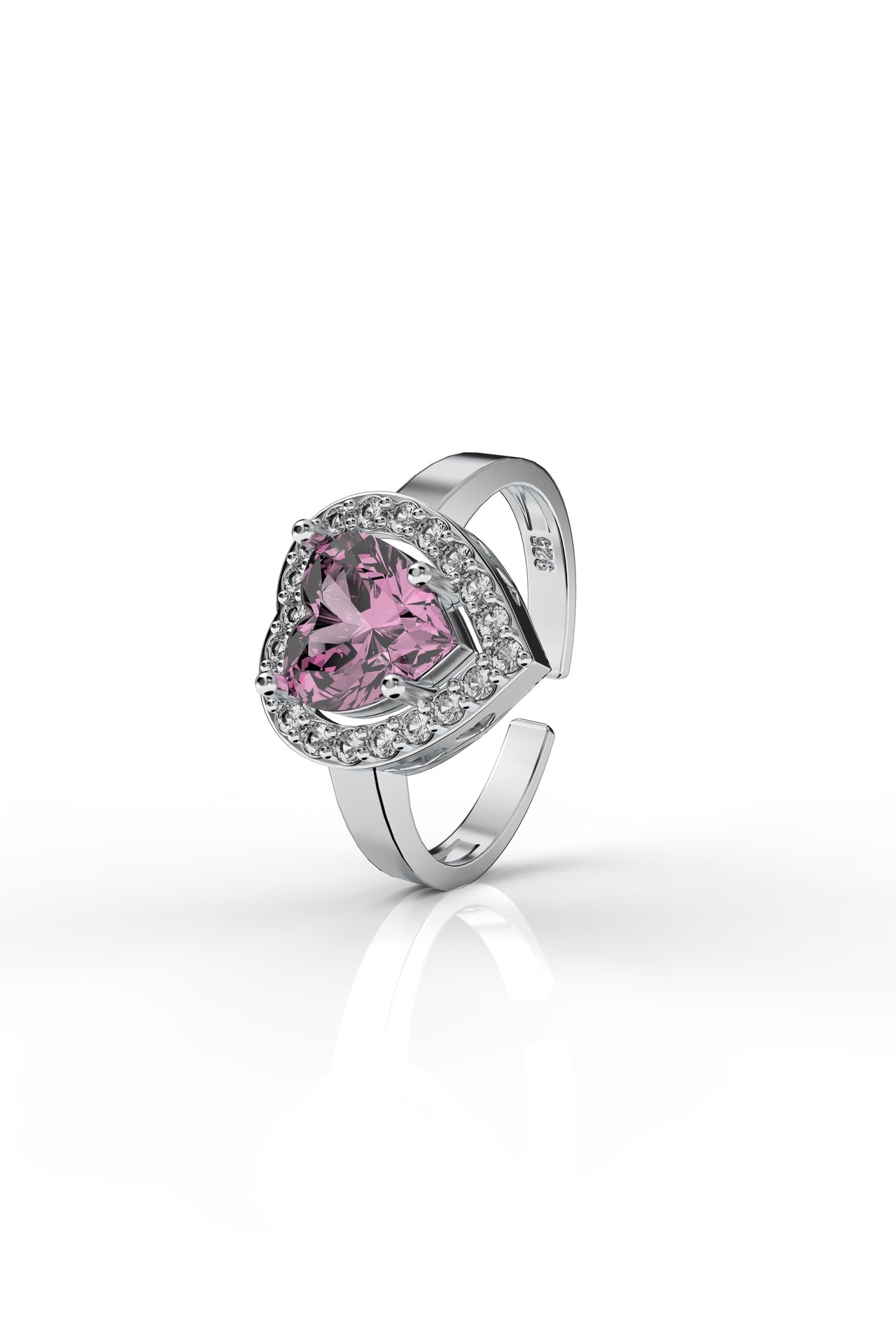 925 Sterling Silver Pink Stone Rhodium Plated Diamond Shimmer Heart Adjustable Silver Ring