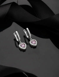 925 Sterling Silver Pink Stone Rhodium Plated Diamond Shimmering Dangle Heart Earrings