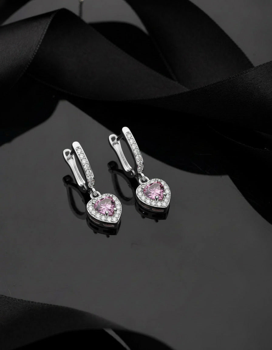 925 Sterling Silver Pink Stone Rhodium Plated Diamond Shimmering Dangle Heart Earrings