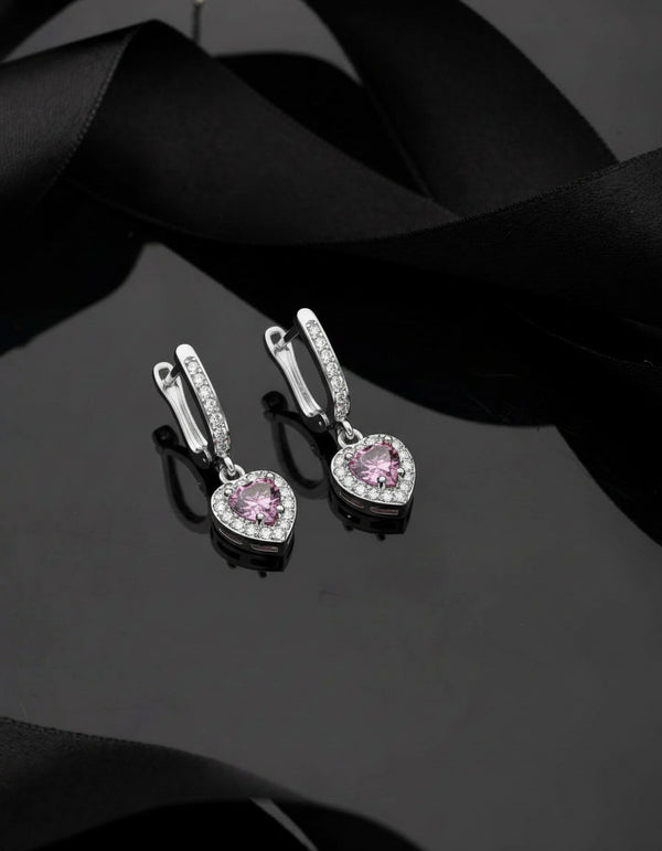 925 Sterling Silver Pink Stone Rhodium Plated Diamond Shimmering Dangle Heart Earrings