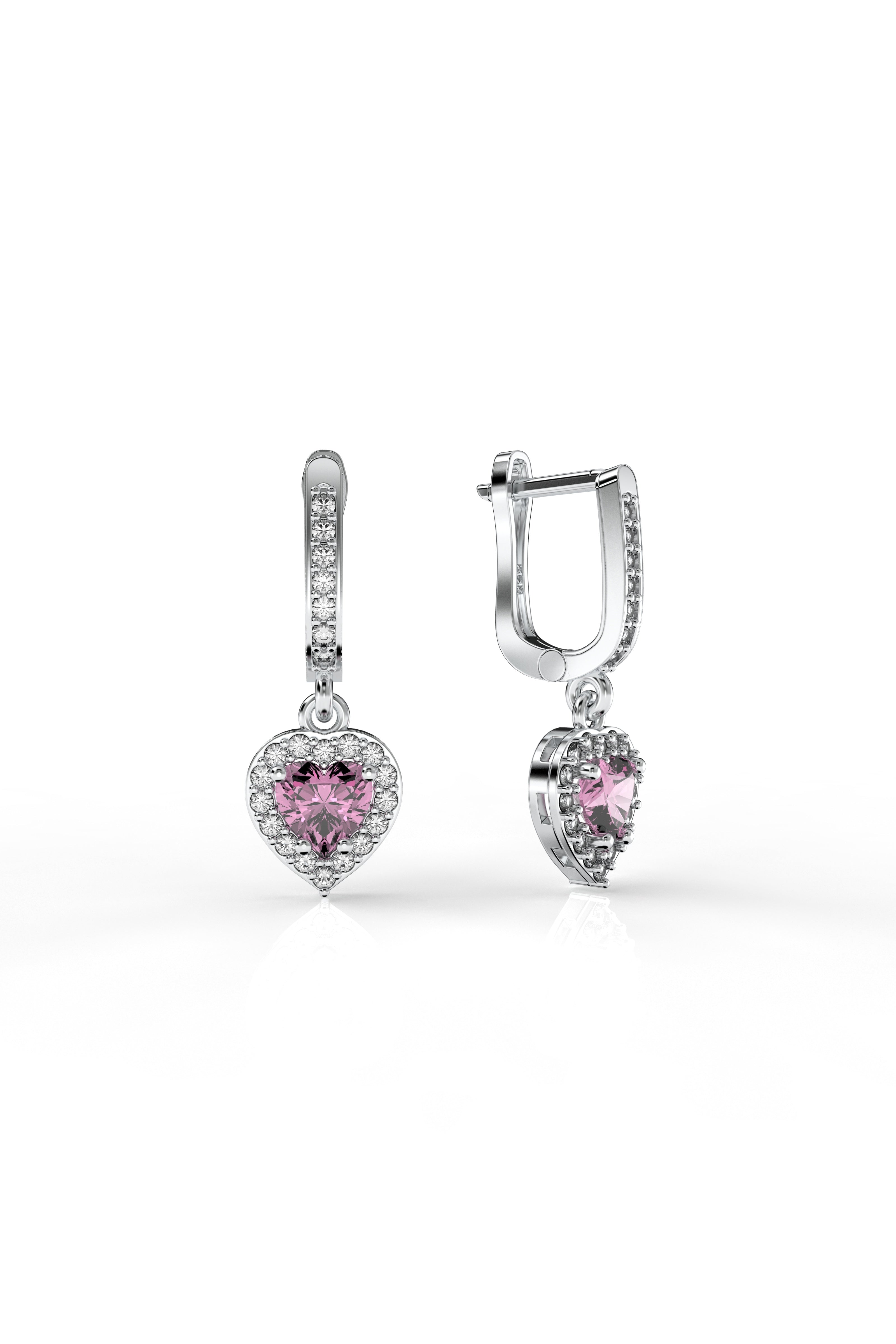 925 Sterling Silver Pink Stone Rhodium Plated Diamond Shimmering Dangle Heart Earrings