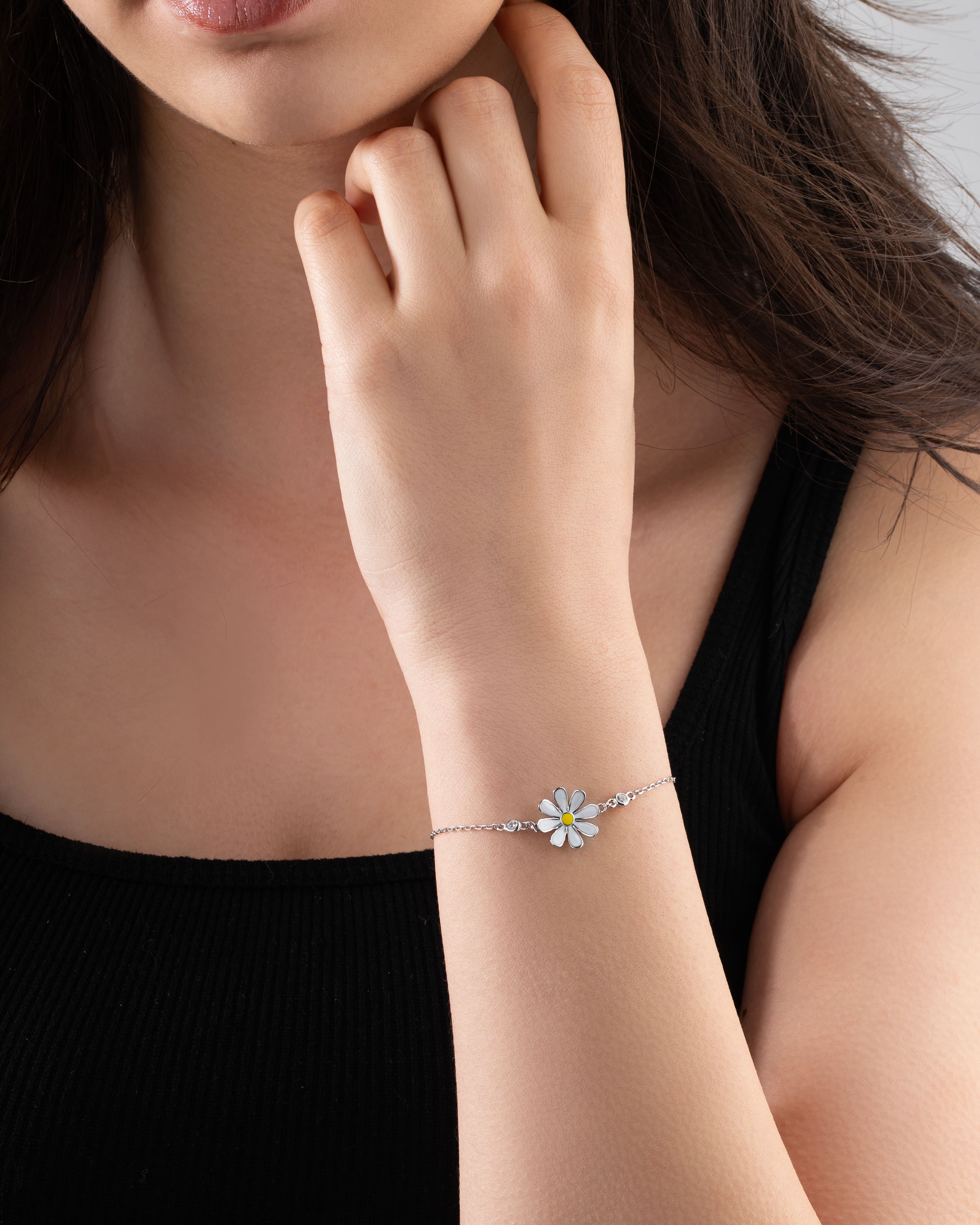 3D Enamel Daisy Bracelet Rhodium Plated Silver