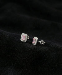 Rhodium Baguette Cut Pink Zircon Halo Studs | 925 Silver