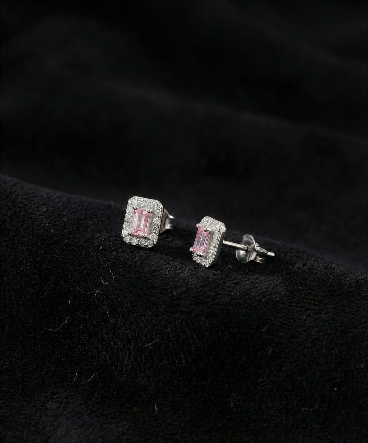 Rhodium Baguette Cut Pink Zircon Halo Studs in 925 sterling silver
