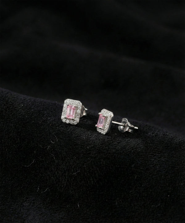 Rhodium Baguette Cut Pink Zircon Halo Studs | 925 Silver
