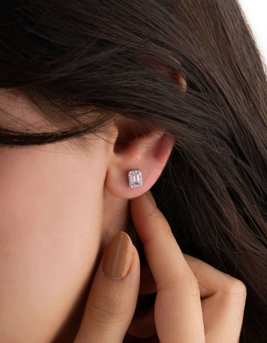 Rhodium Baguette Cut Pink Zircon Halo Studs | 925 Silver