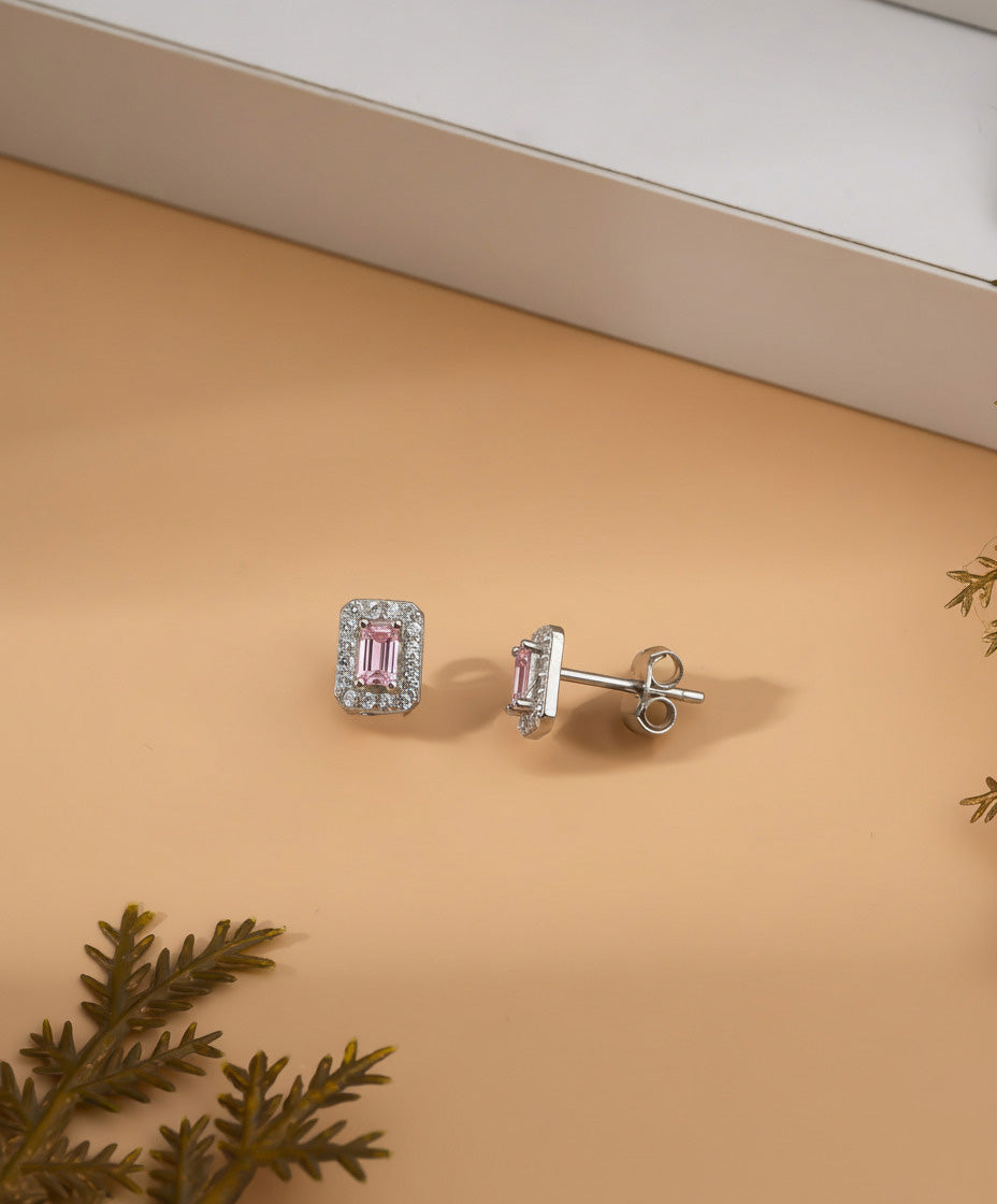 Rhodium Baguette Cut Pink Zircon Halo Studs | 925 Silver