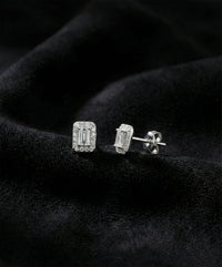 Rhodium Baguette Cut Halo Zircon Stud Earrings | 925 Silver