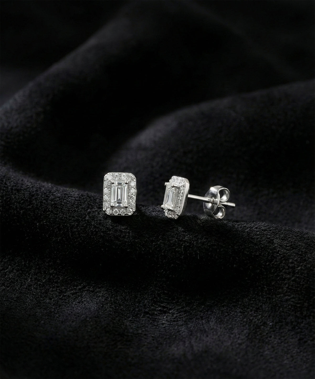 Rhodium Baguette Cut Halo Zircon Stud Earrings in 925 sterling silver