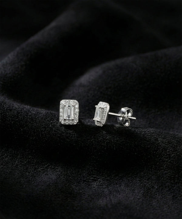 Rhodium Baguette Cut Halo Zircon Stud Earrings | 925 Silver