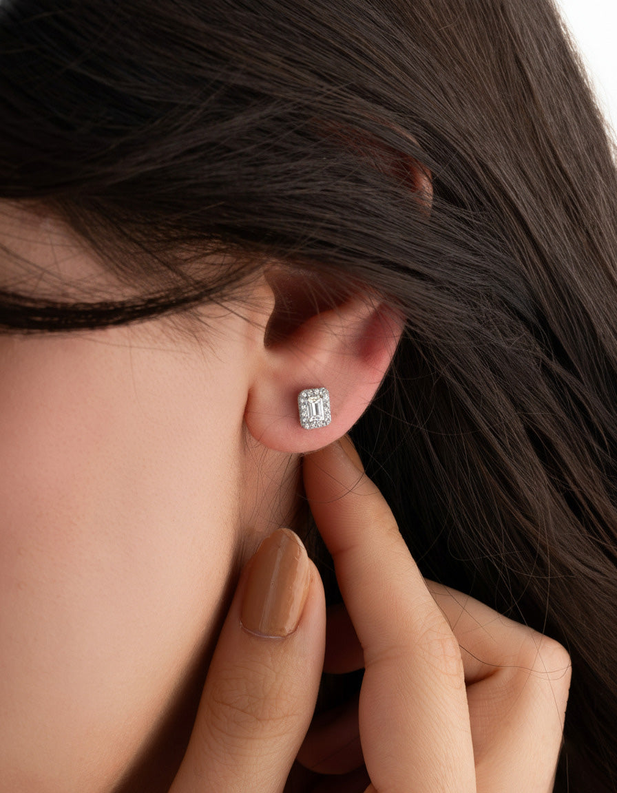 Rhodium Baguette Cut Halo Zircon Stud Earrings | 925 Silver