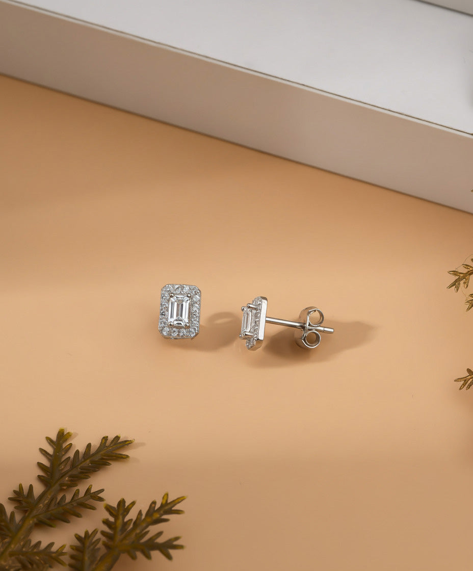 Rhodium Baguette Cut Halo Zircon Stud Earrings | 925 Silver