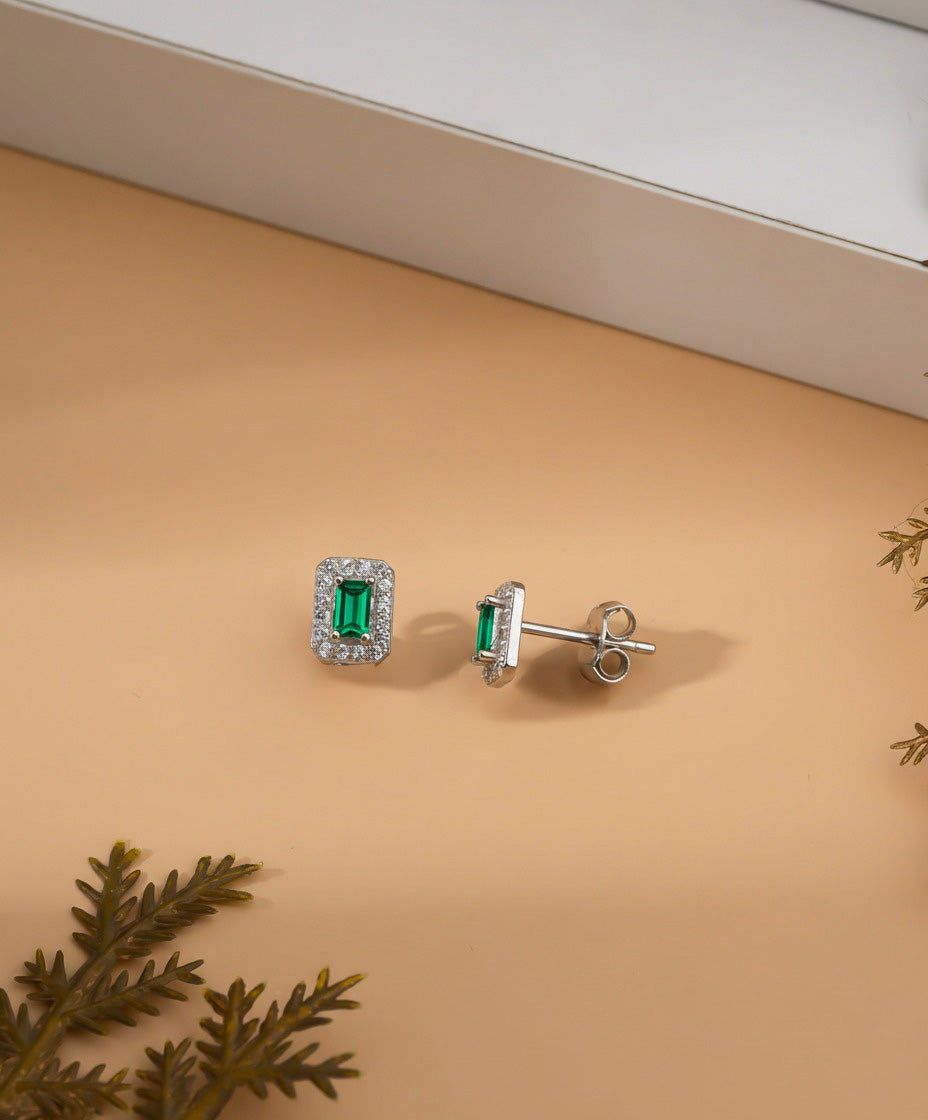 Baguette Cut Emerald Green Zircon Halo Studs in 925 sterling silver - view 3