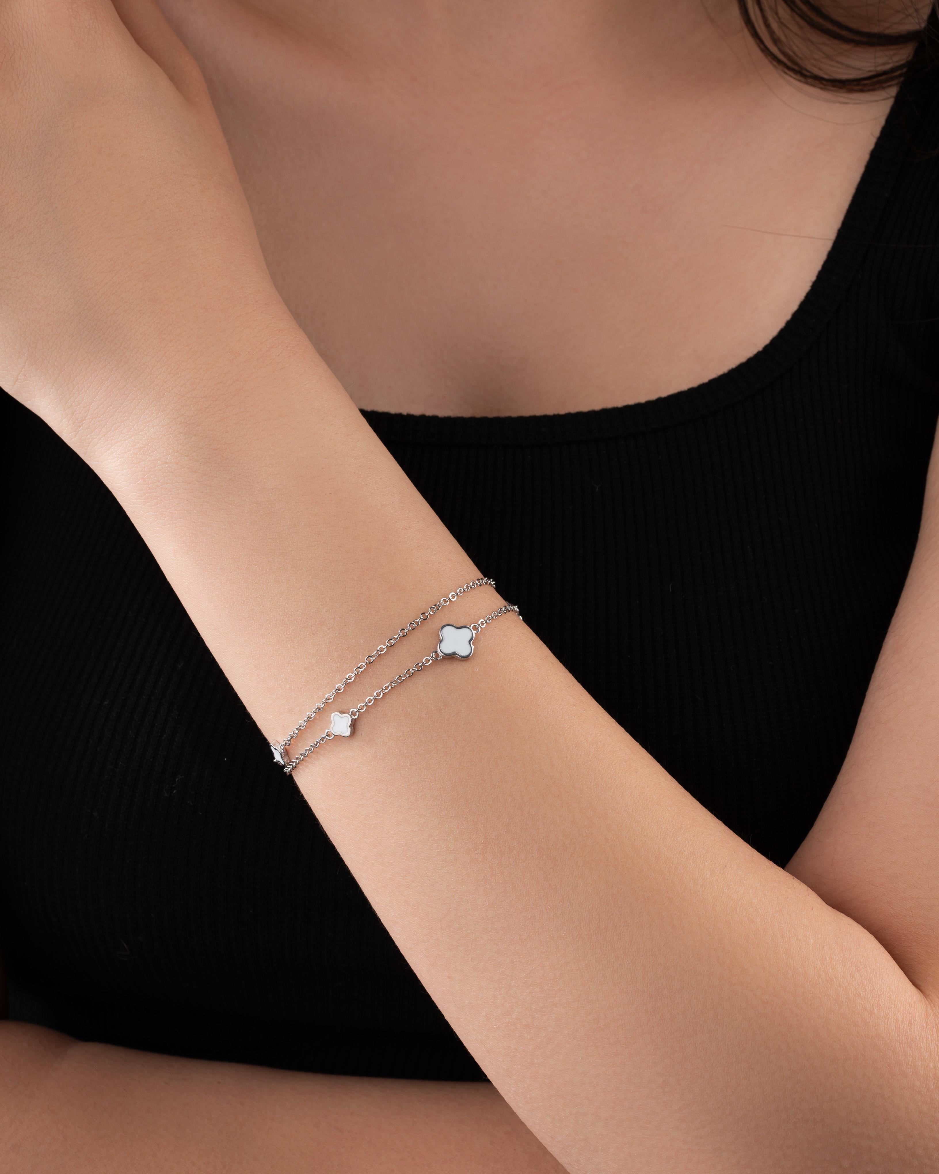 White Enamel Two Row Clover Charm Bracelet Rhodium Plated Silver