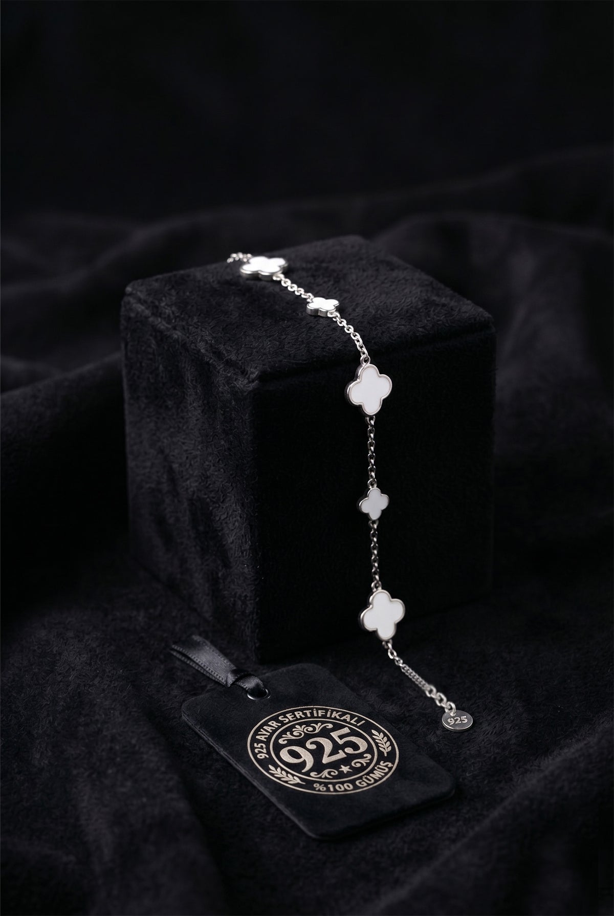 Rhodium White Enameled Clover Charm Bracelet in 925 sterling silver